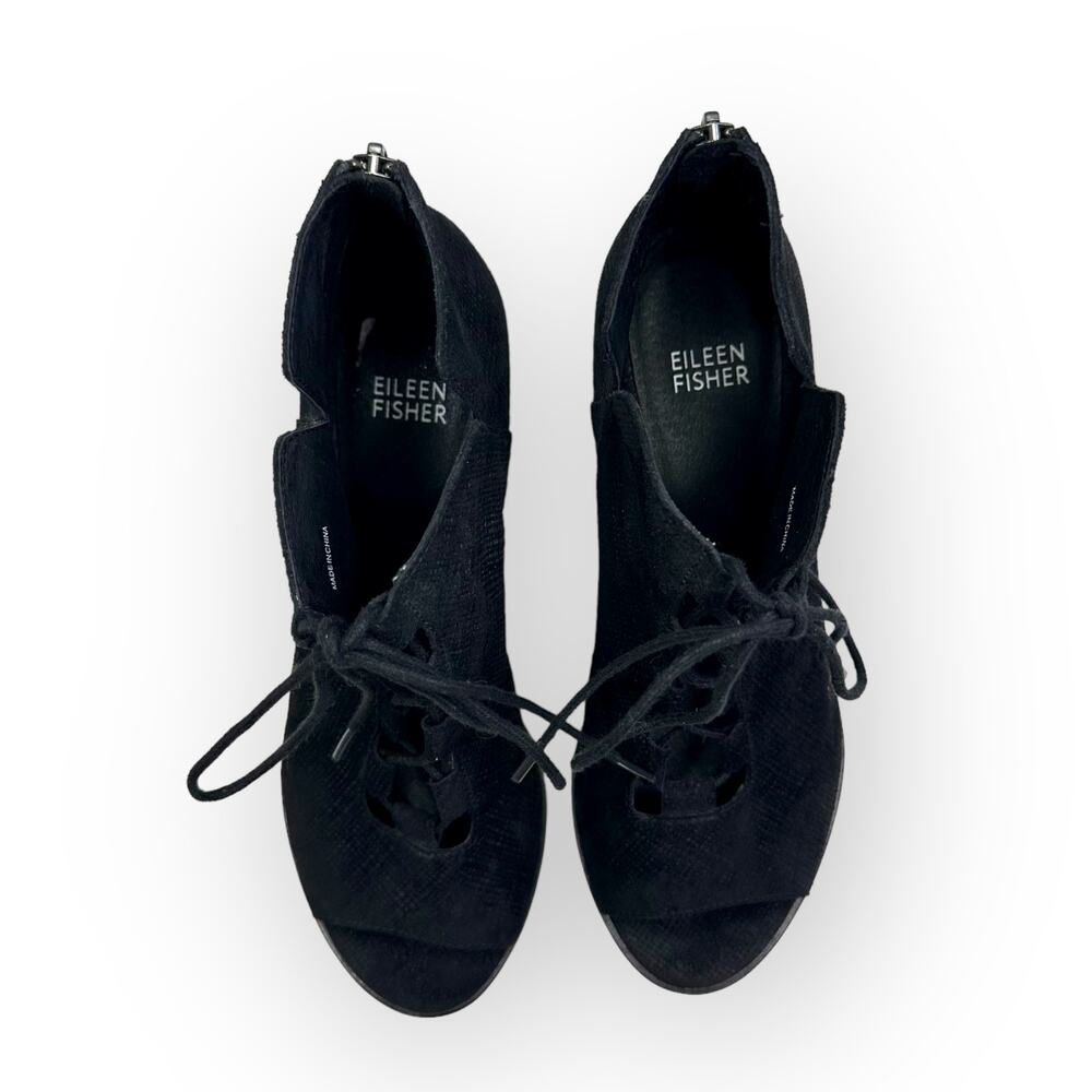 Eileen Fisher Fallon Peep Toe Lace Up Booties Women's Size 8 Black Suede 5838517 - Picture 4 of 11